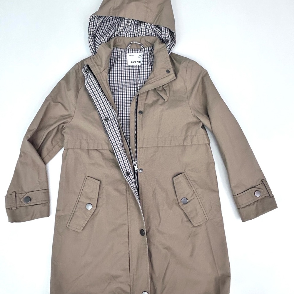 Zara Kids Brown Hooded Raincoat with a plaid lining